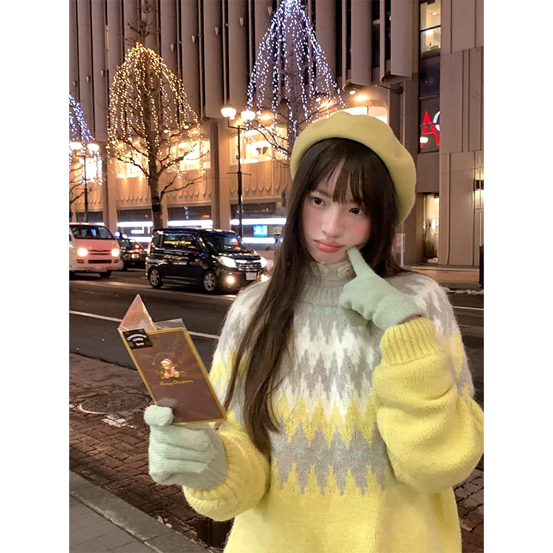 罐头士多所 2025春季新款费尔岛提花套头圆领毛衣宽松慵懒针织衫