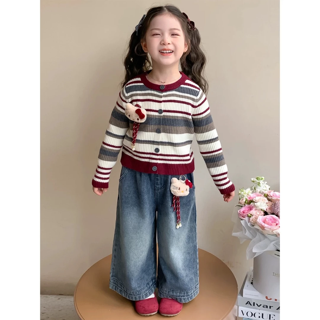 条纹套装女牛仔常规打底套头秋季春秋毛衣单排扣童装套装