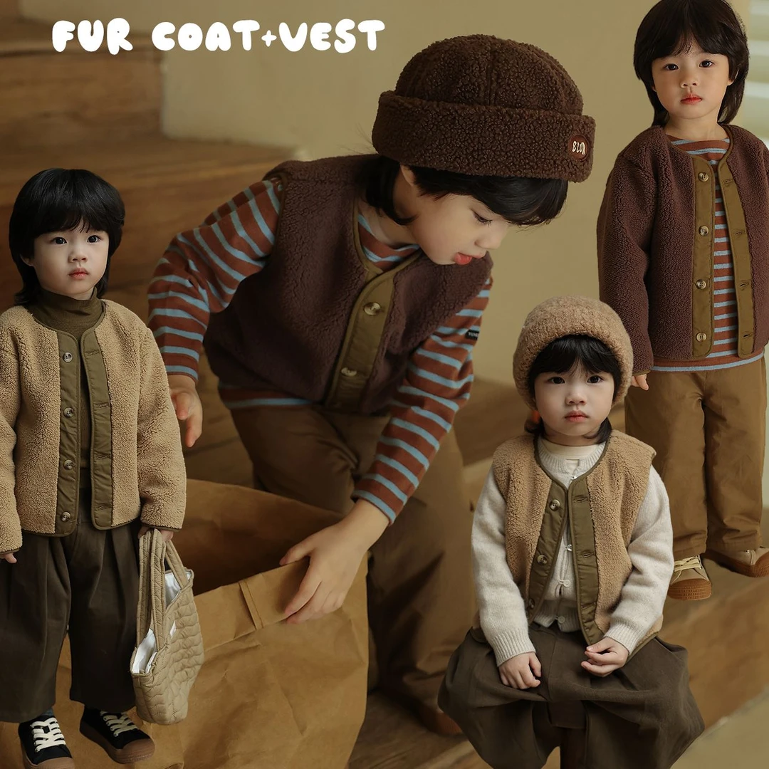 允儿妈男童装2023冬新品宝宝日系百搭厚外套儿童休闲毛毛保暖马甲