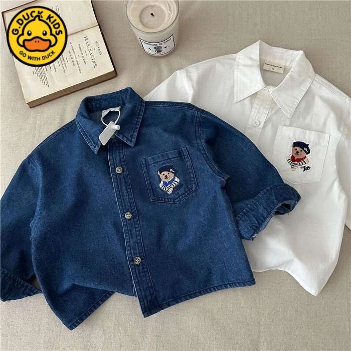 春装长袖衬衣小黄鸭2025春季新款童装小熊刺绣牛仔衬衫口袋卡通