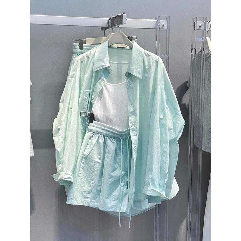 夏日ootd穿搭！绿色衣衬衫短裤服休闲运动套装女2025新款