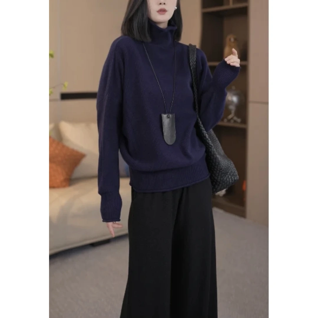 百搭减龄羊毛衫文艺松弛感半高领简约慵懒卷边秋冬长袖针织衫上衣