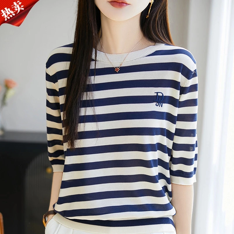 时尚女装品牌新款时尚百搭T恤女针织衫夏季薄款法式条纹上衣女