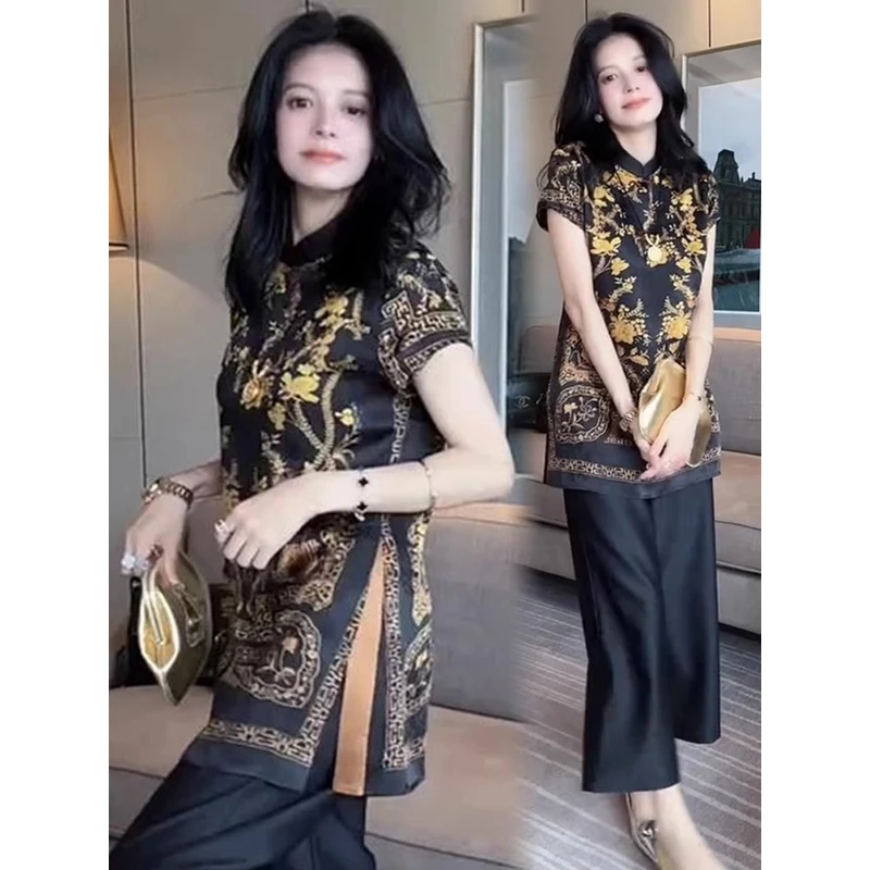 夏日显瘦套装裤新款洋气显瘦新中式国风短袖上衣九分阔腿裤两件套