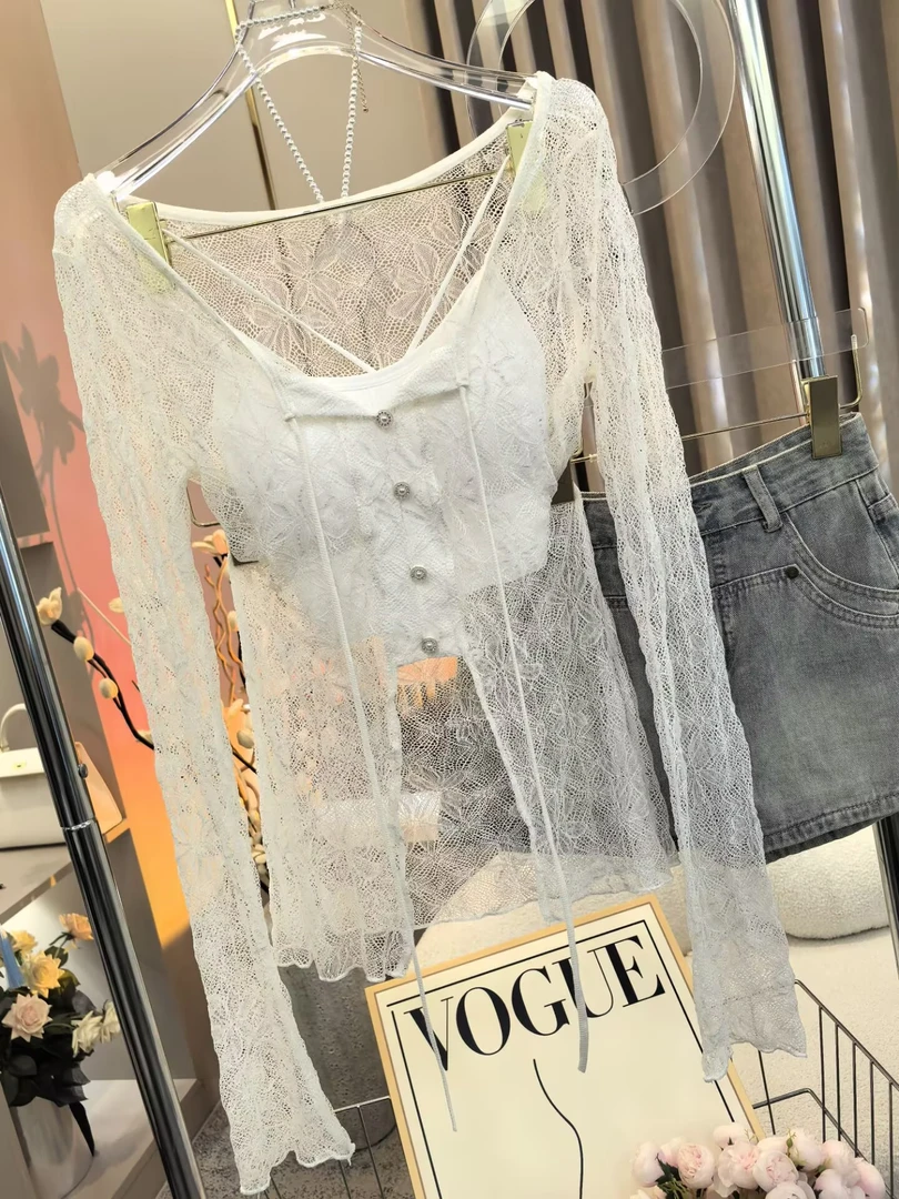 【A10030墨丽】2025夏季修身显瘦百搭长袖防晒纯欲上衣+吊带两