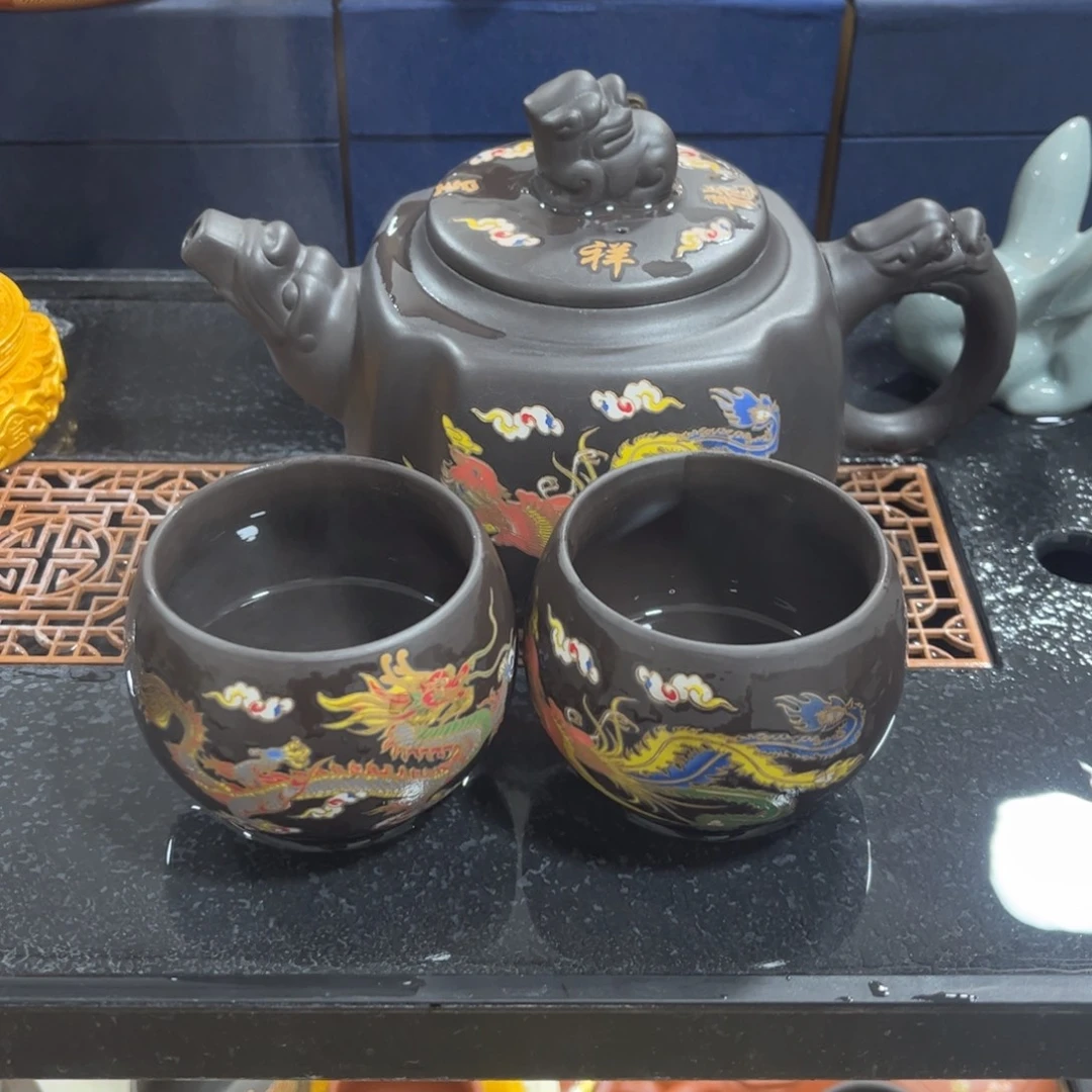 紫砂茶杯一壶4杯2龙2凤