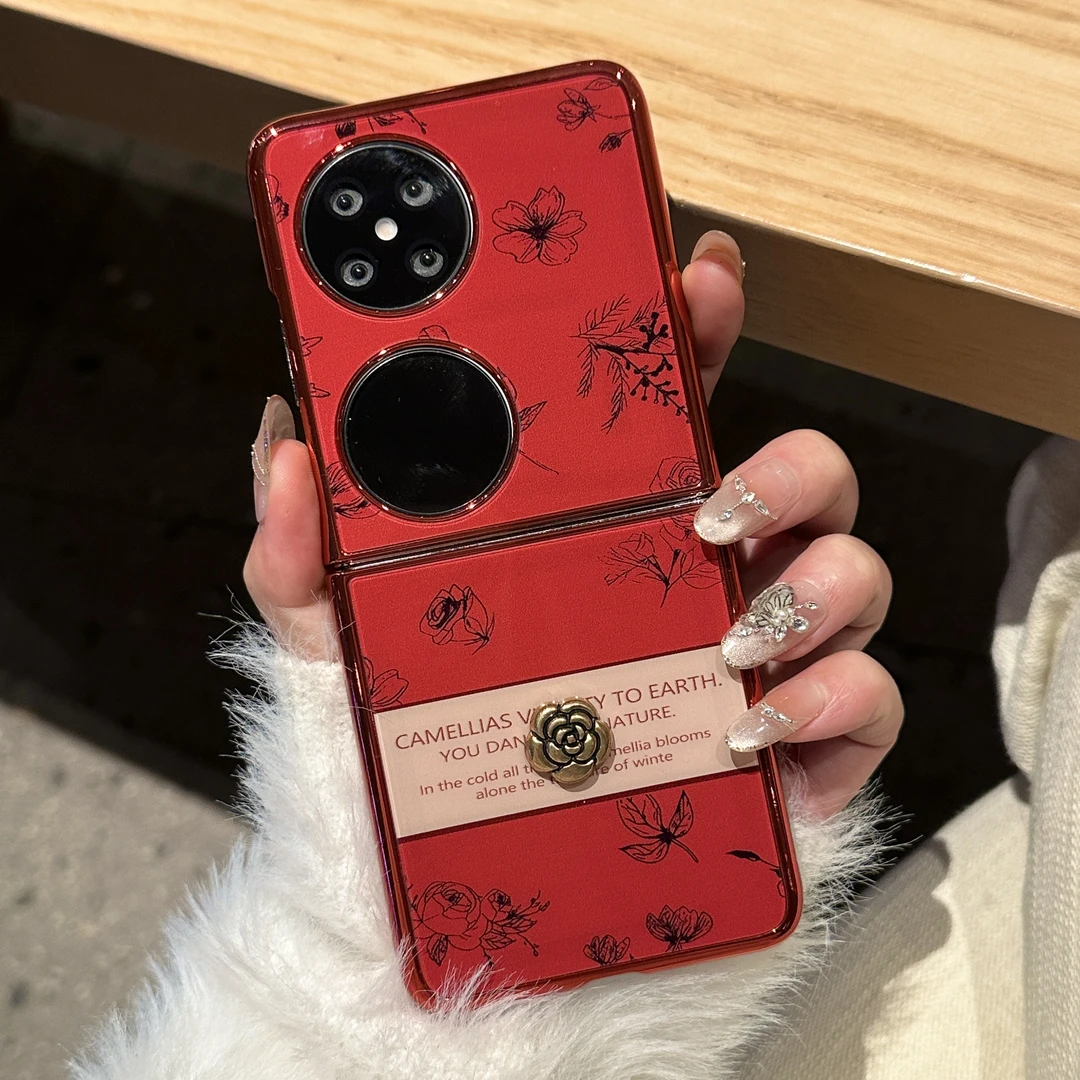 适用华为pocket2折叠电镀红气质山茶花oppon3flip手机壳荣耀vflip
