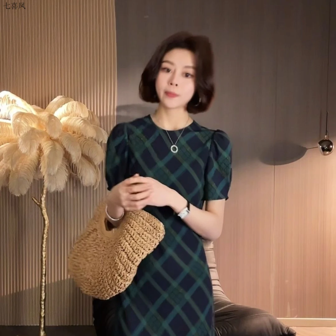 森里画报45斜裁复古蓝色格纹短袖连衣裙女慵懒松弛感长裙子