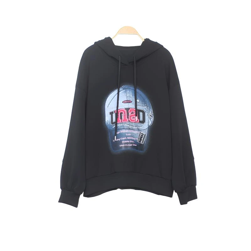 黑色卫衣显瘦大码休闲减龄宽松百搭时尚印花拼接2025新款连帽上衣