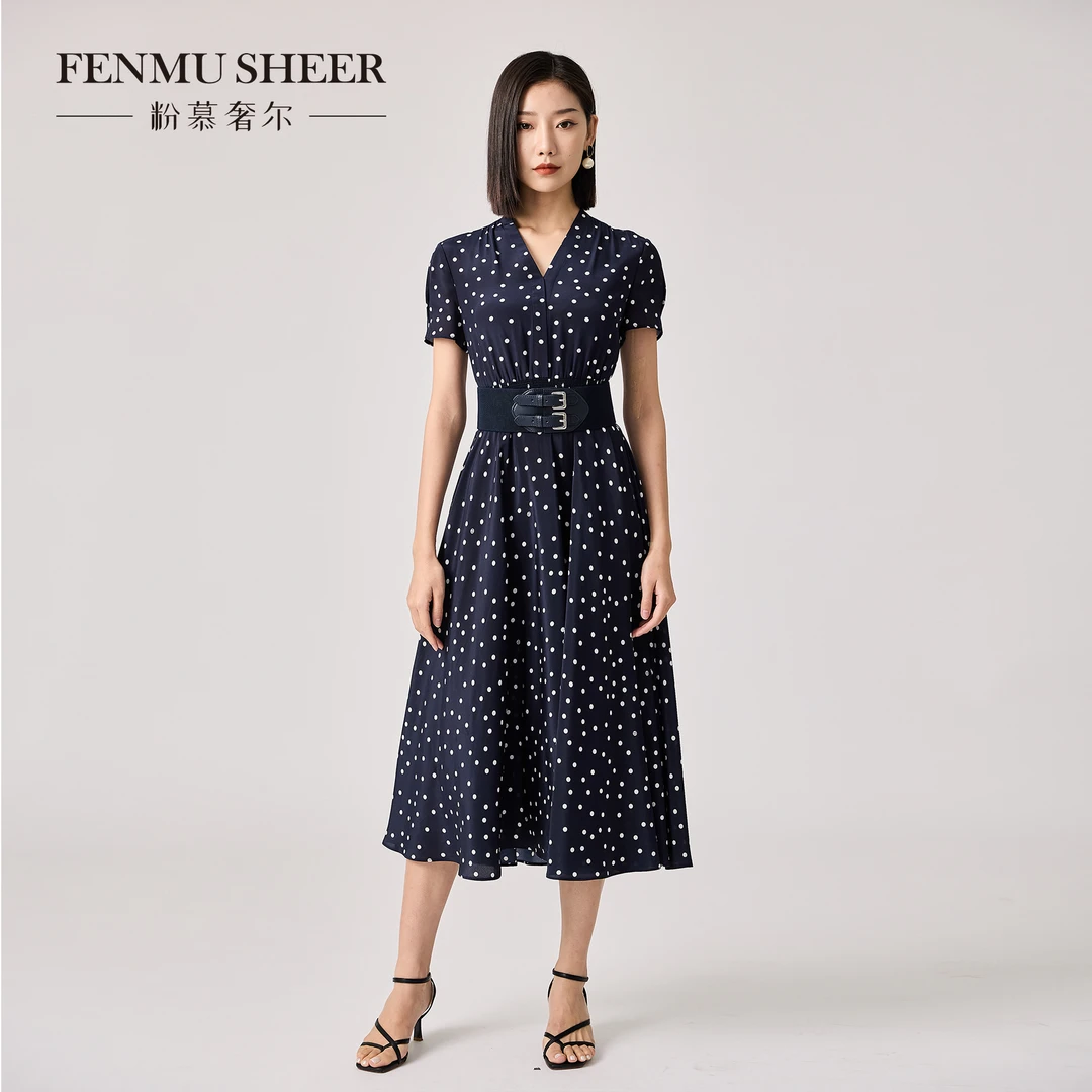 【丽公主专属】粉慕奢尔『波点女王』桑蚕丝波点法式V领连衣裙D2220