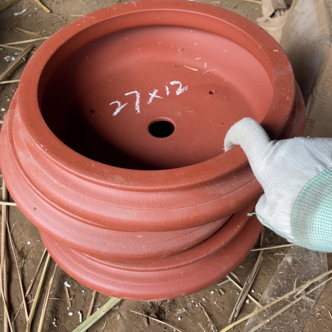紫砂27口径圆鼓盆一组三只