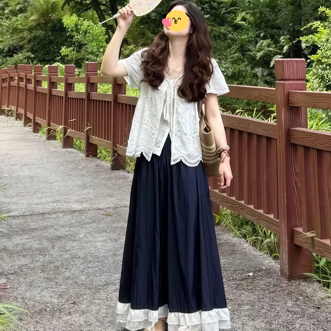 大码法式减龄休闲套装女夏季短袖上衣胖MM遮肚显瘦半身裙子两件套