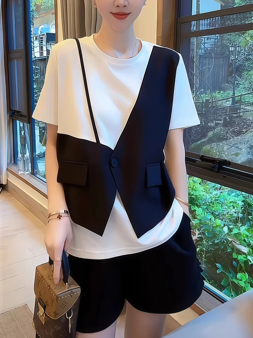 纯棉设计感假两件马甲拼接短袖T恤女夏季新爆款休闲百搭小众女装