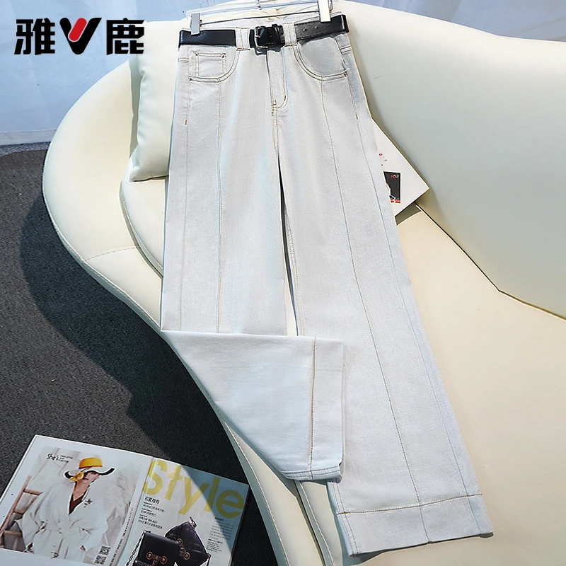 V/雅鹿莫兰迪灰阔腿牛仔裤女夏季薄款2025年新款复古九分直筒裤子