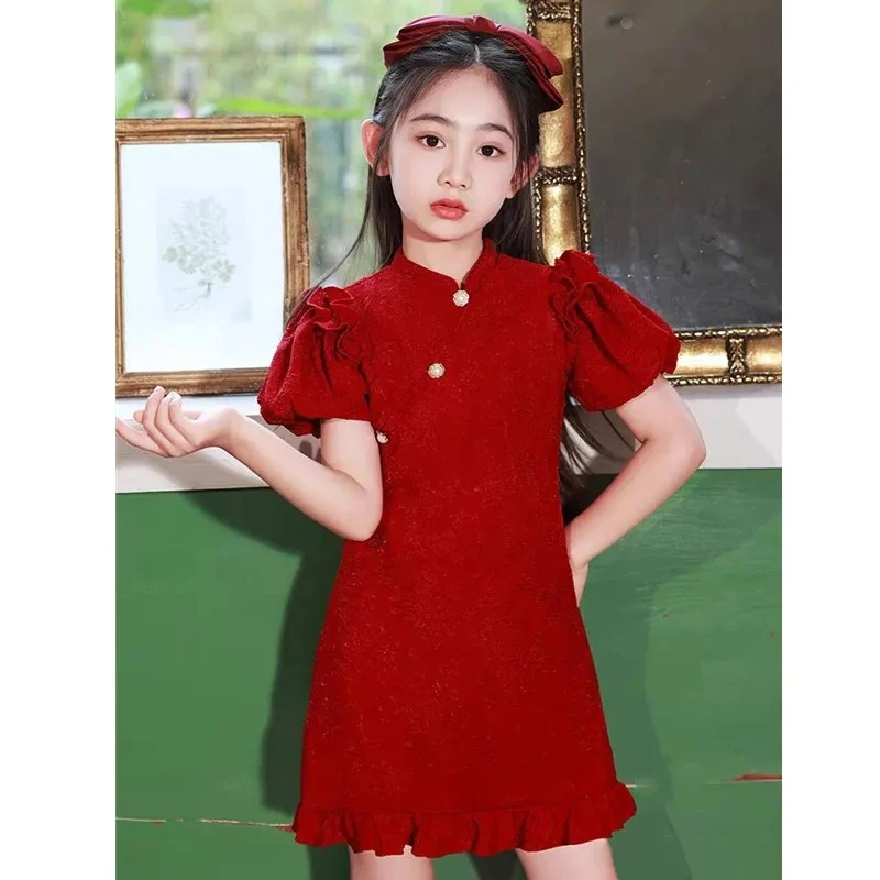 新款中国风复古裙子气质儿童连衣裙夏季旗袍时髦女童礼服夏装红色