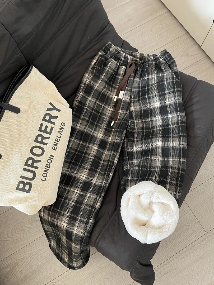 仿兔毛格子裤撞色复古加绒女秋冬季慵懒宽松休闲中腰垂感阔腿裤子