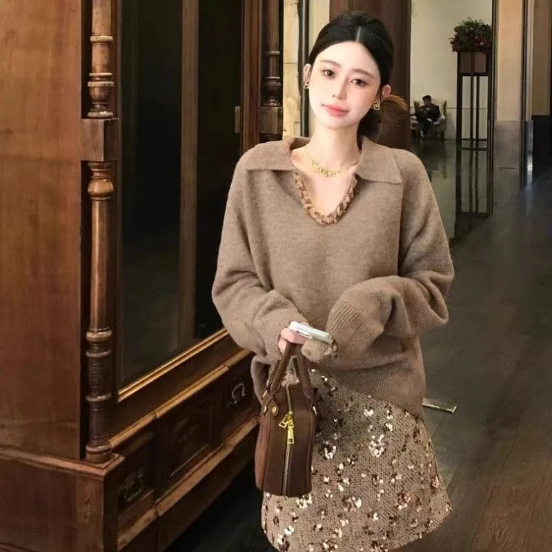 【雅韵】2025初春新款高级感V领翻领软糯针织毛衣Y8080