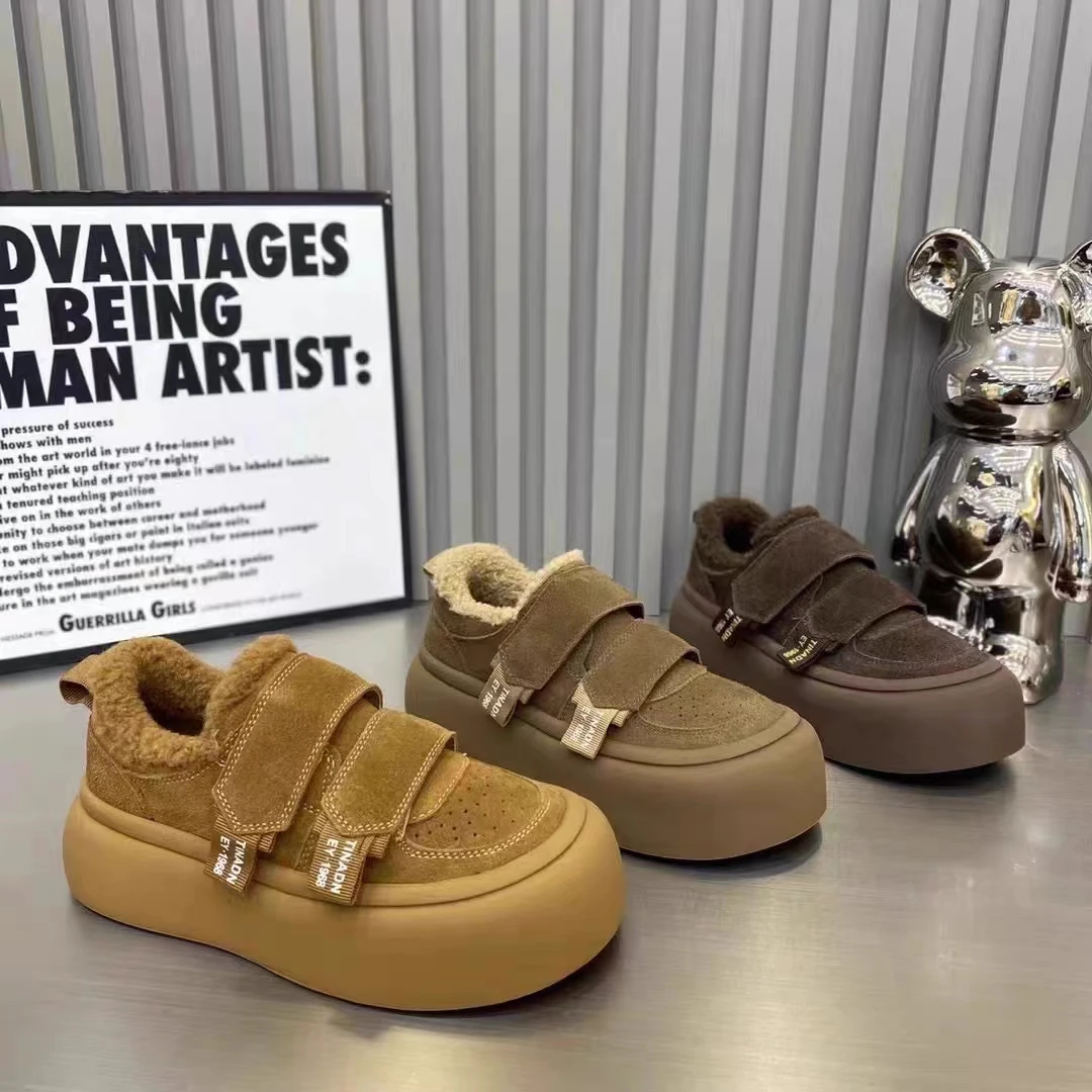 厚底德迅鞋女鞋加绒保暖毛毛棉鞋2024新款冬季丑萌休闲板鞋雪地靴