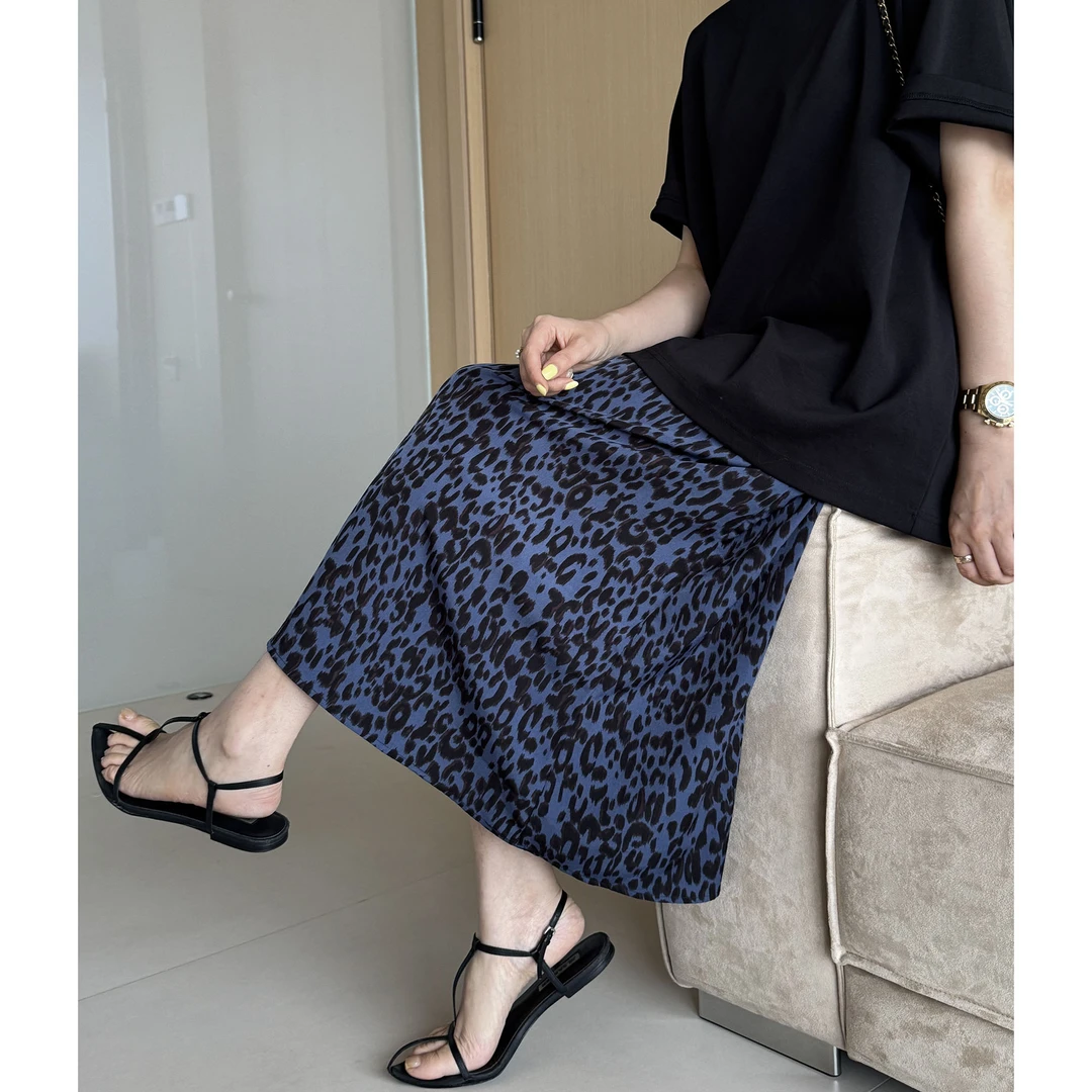 夏季豹纹复古松紧腰时尚直筒半身裙