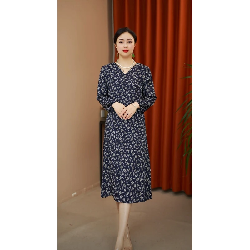 花骨朵YJ1555时尚妈妈装中长款连衣裙