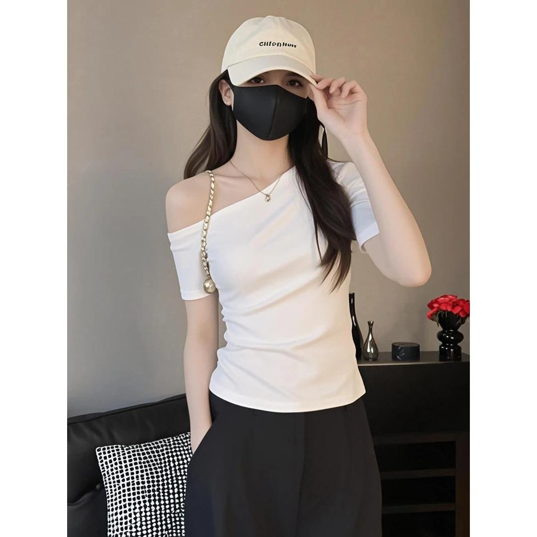 白色一字斜肩短袖t恤女春夏2025新款修身露肩打底衫百搭显瘦上衣