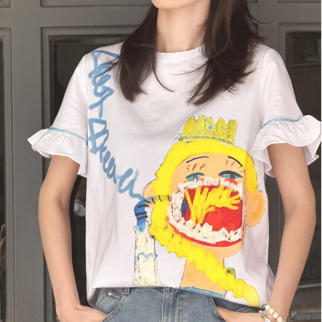 阿玛施【精致巴黎】夏季宽松时尚设计感上衣荷叶短袖 5300975