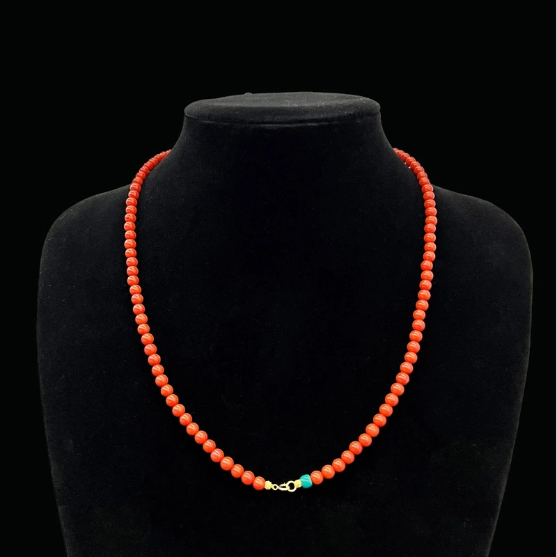 南红圆珠长链 18K金 绿松 珠径5-5.5mm 长55cm 金约0.2g