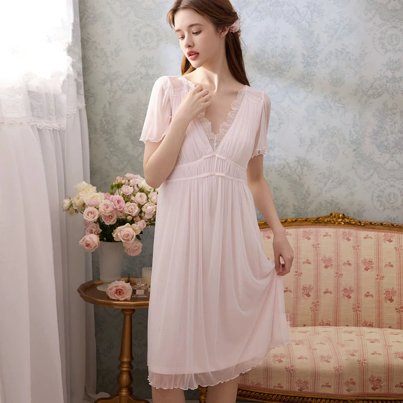 【带胸垫】蕾丝睡裙裙子女款夏季短袖性感法式宫廷公主风睡衣家居服