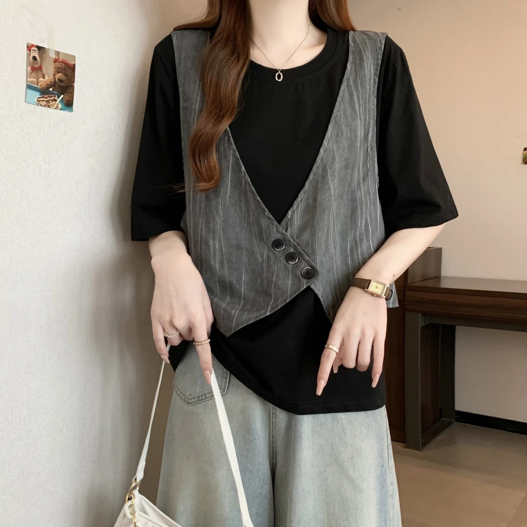 夏季短袖大码假两件马甲拼接t恤女网红时尚炸街新款女装宽松上衣