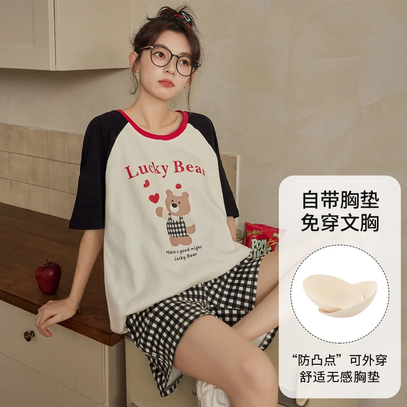 夏季薄款带胸垫睡衣女卡通可爱短袖小个子少女学生宿舍韩版ins风