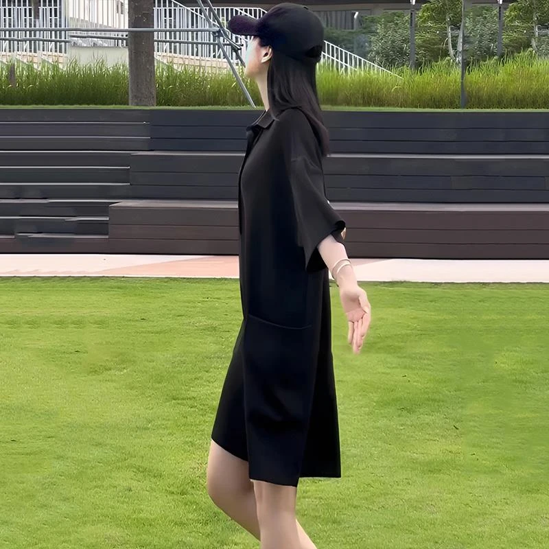 LALI 新款POLO领简约时尚休闲宽松连体短裤法式高级感夏季中长裙