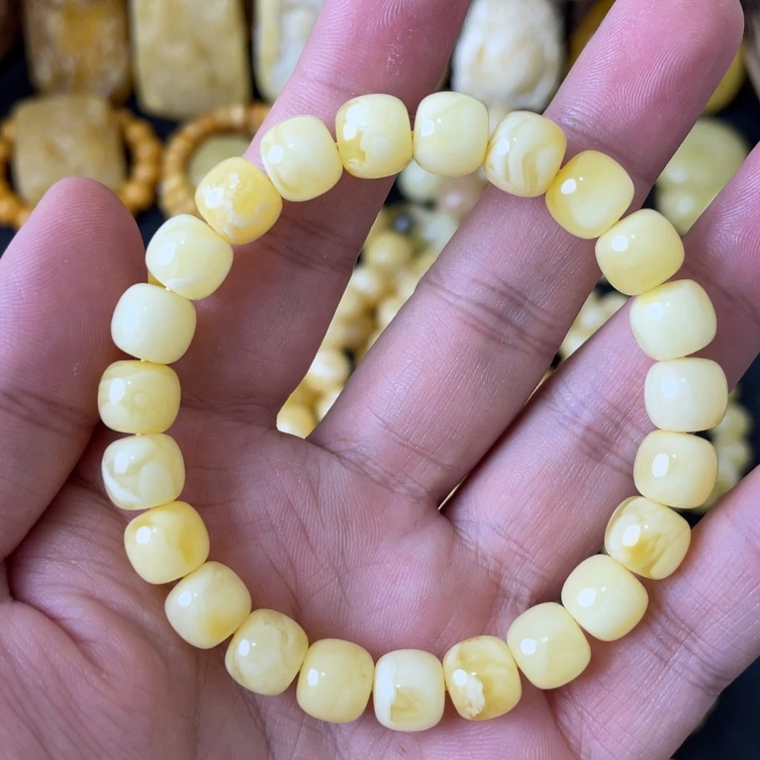 手串琥珀未镶嵌9+俄料妖白花精工老型手串（微瑕）
