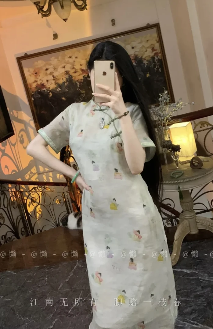 刺绣短袖薄款印花方口领纯色旗袍夏季提花白色甜辣风1