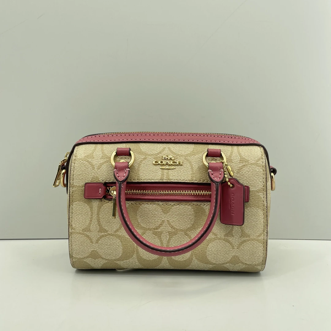 95新 COACH/蔻驰 粉拼老花迷你波士顿17*11*8cmE021101