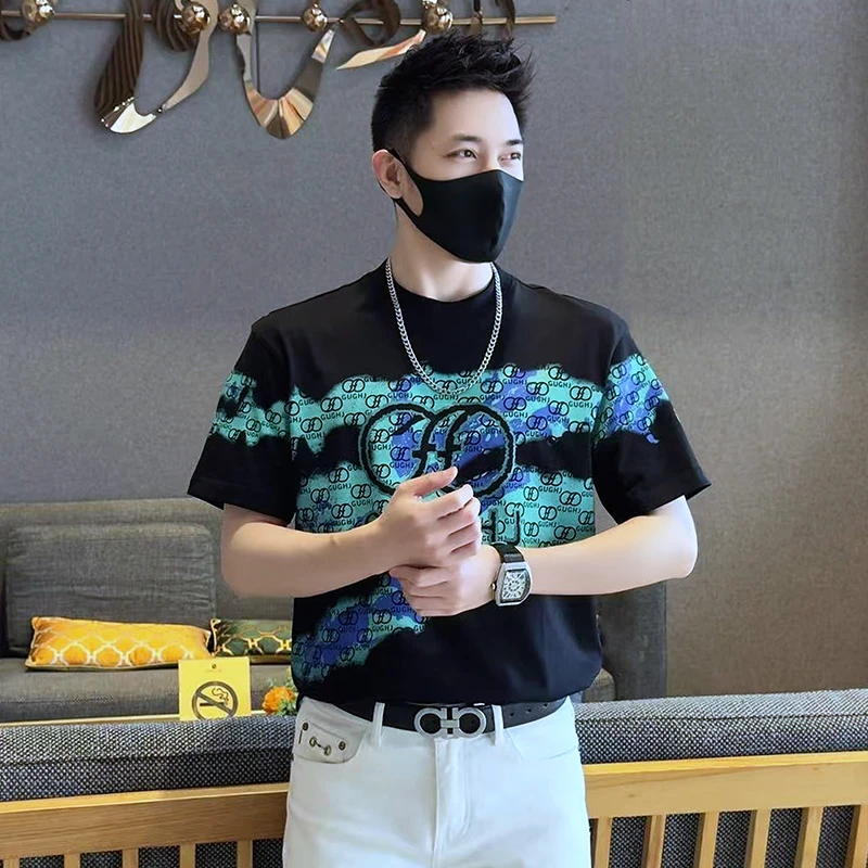 2025男士夏季新款数码彩色印花短袖宽松炸街网红圆领百搭休闲半袖