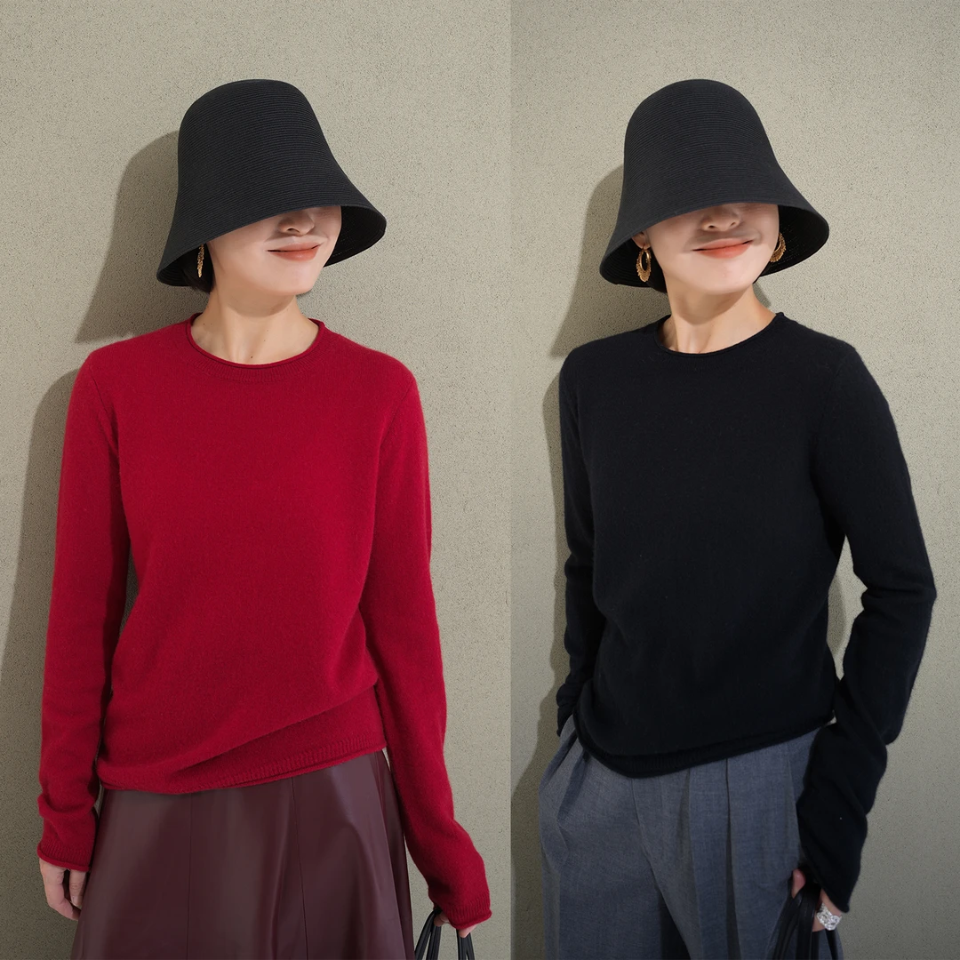 基础羊绒衫 150G山羊绒 打底毛衣 红/黑/白色女圆领针织衫163700