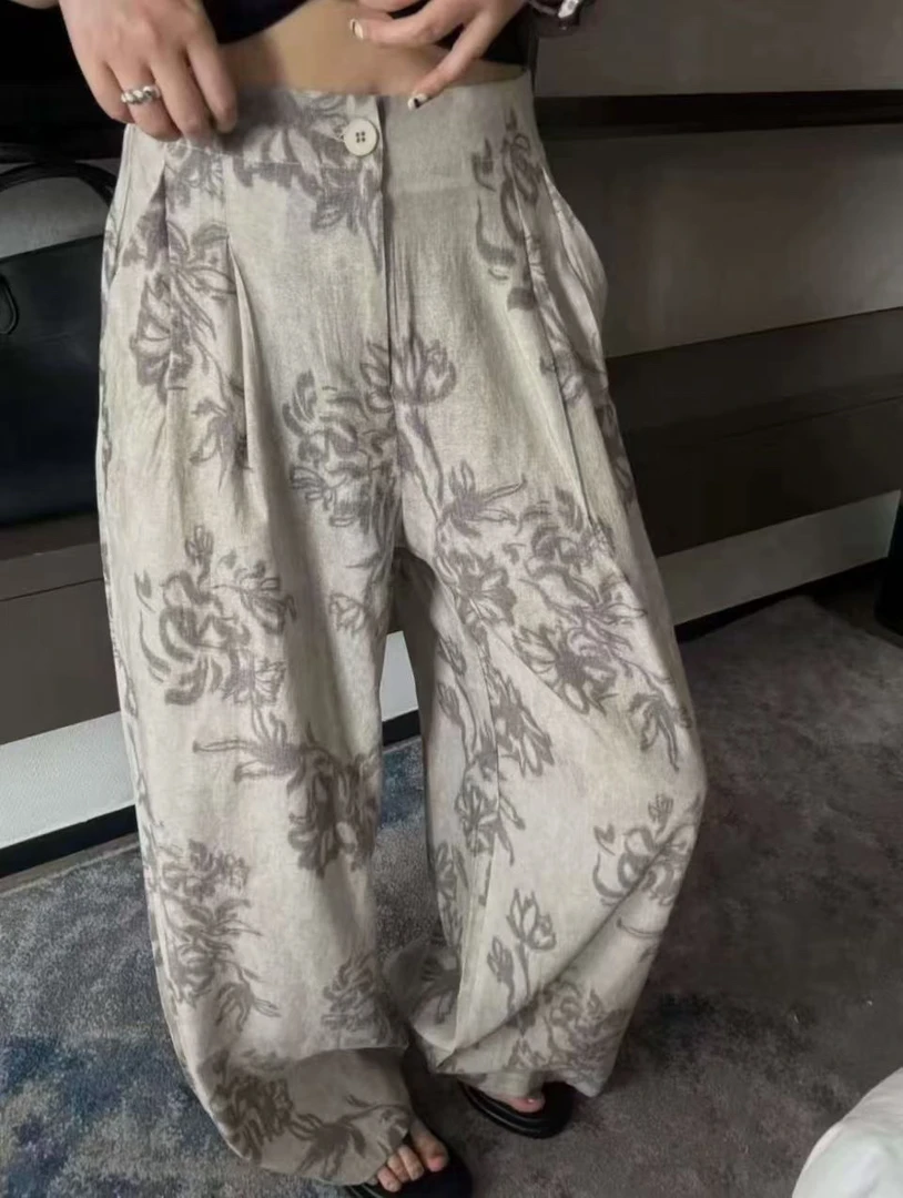 推荐夏季新款百搭休闲宽松直筒印花高腰休闲裤1705