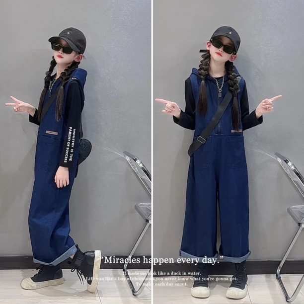 女童牛仔裤连体衣春季2025新款儿童连体裤时尚个性打底T恤
