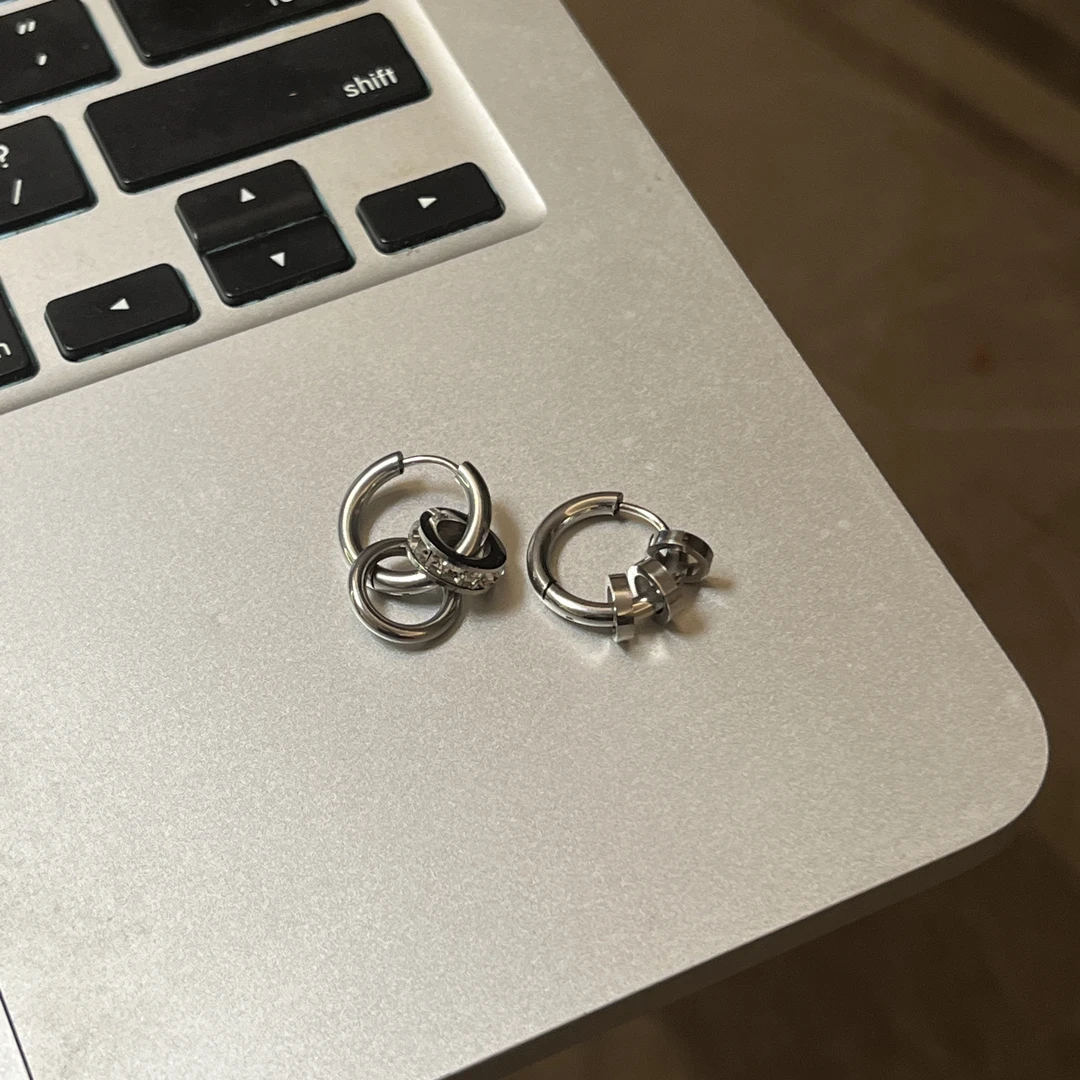 钛钢耳饰 钛钢耳环圆圈几何简约百搭镶钻耳饰男女嘻哈可拆成素圈