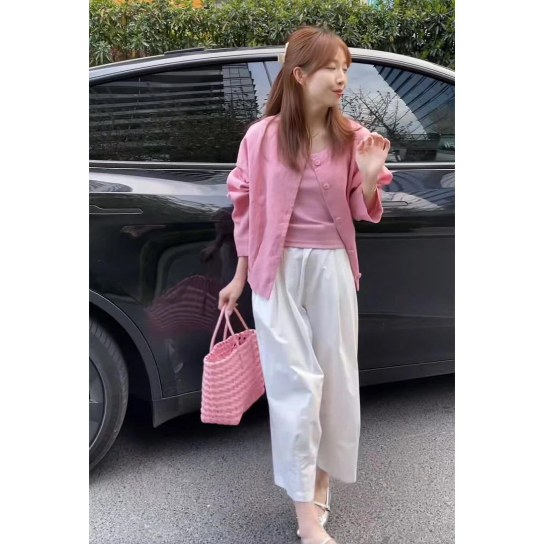 【现货】今年流行穿搭一整套2025新款宽松防晒开衫吊带阔腿裤三件套