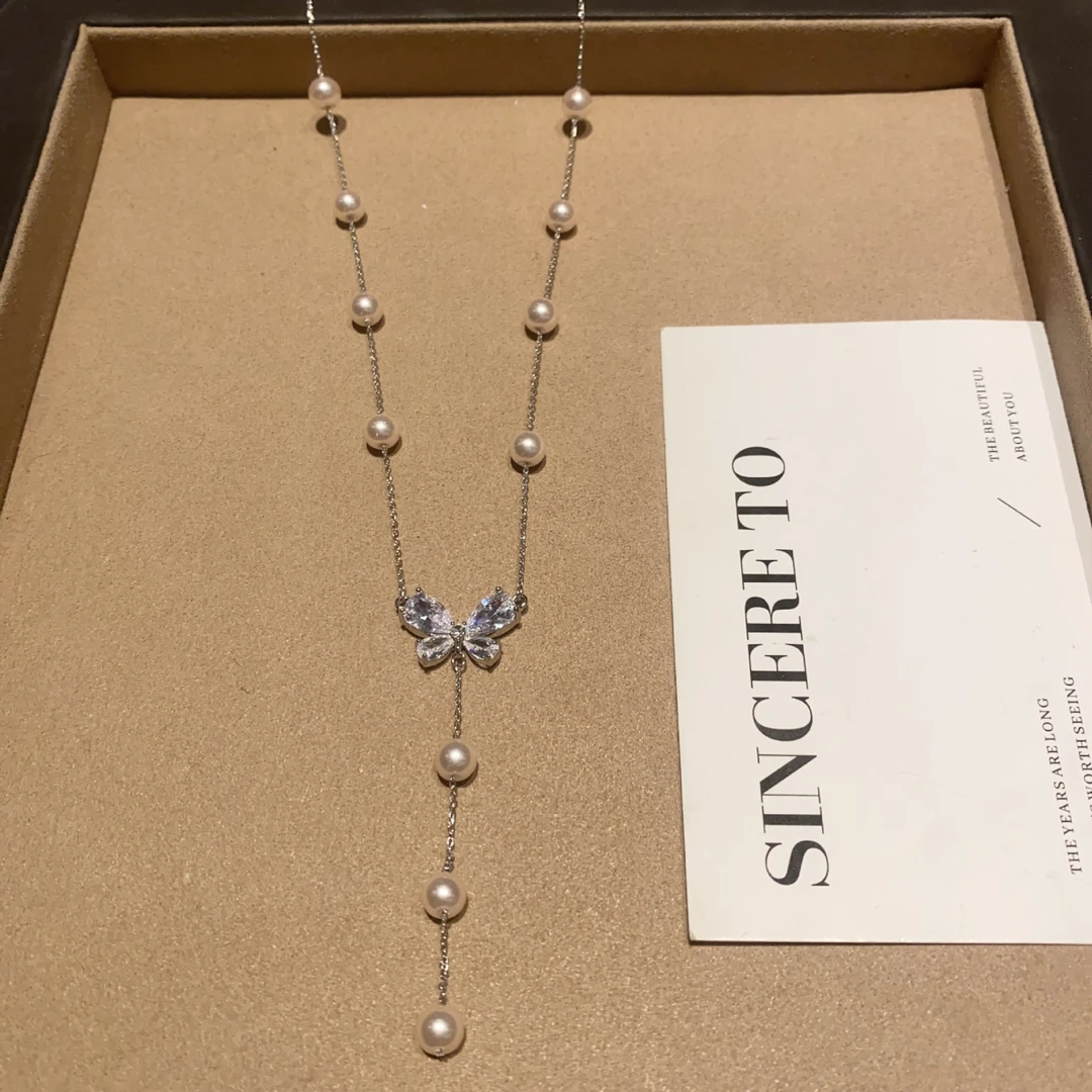 铜合金锆石项链 法式蝴蝶流苏曼塔玫瑰珍珠项链轻奢锁骨链项饰