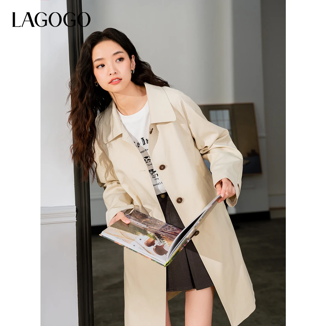 LAGOGO系带简约气质风衣女拉谷谷2025春季新中长款外套OAFF231G02