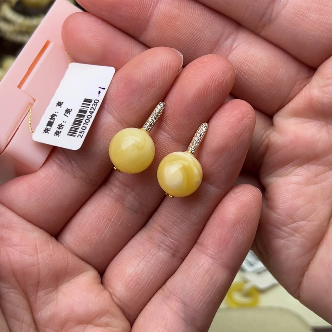 蜜蜡银S925镶嵌耳饰11圆珠耳坠