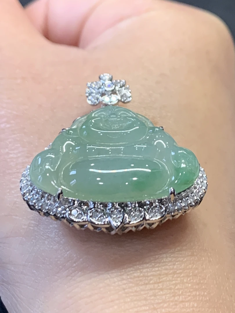 折后缅A翡翠18k真钻吊坠 舒佛 一刀切 整35-31-12裸19-27.7-5.5mm