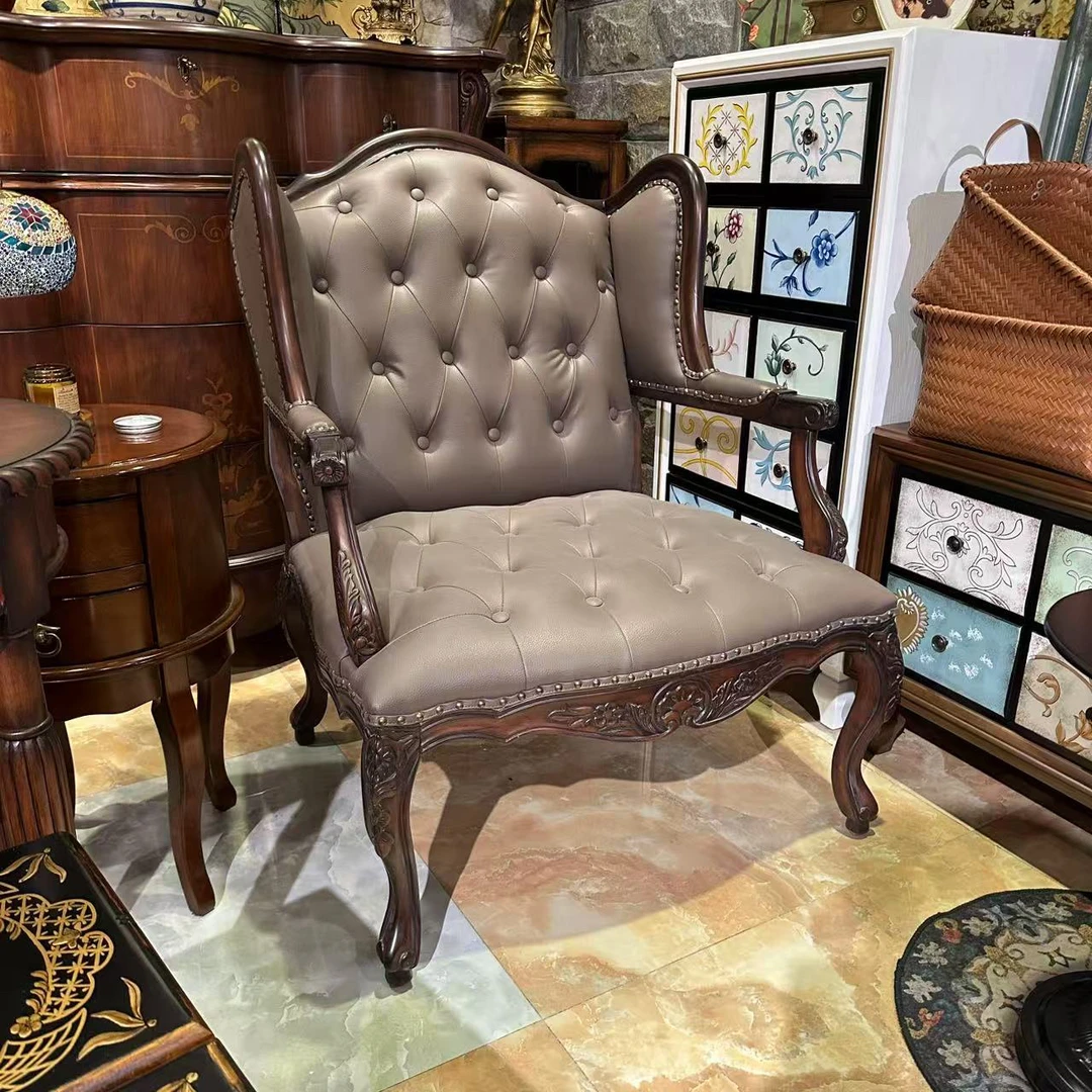 美式实木真皮休闲椅复古单人沙发椅子【83*65*106】靠背椅欧式雕花