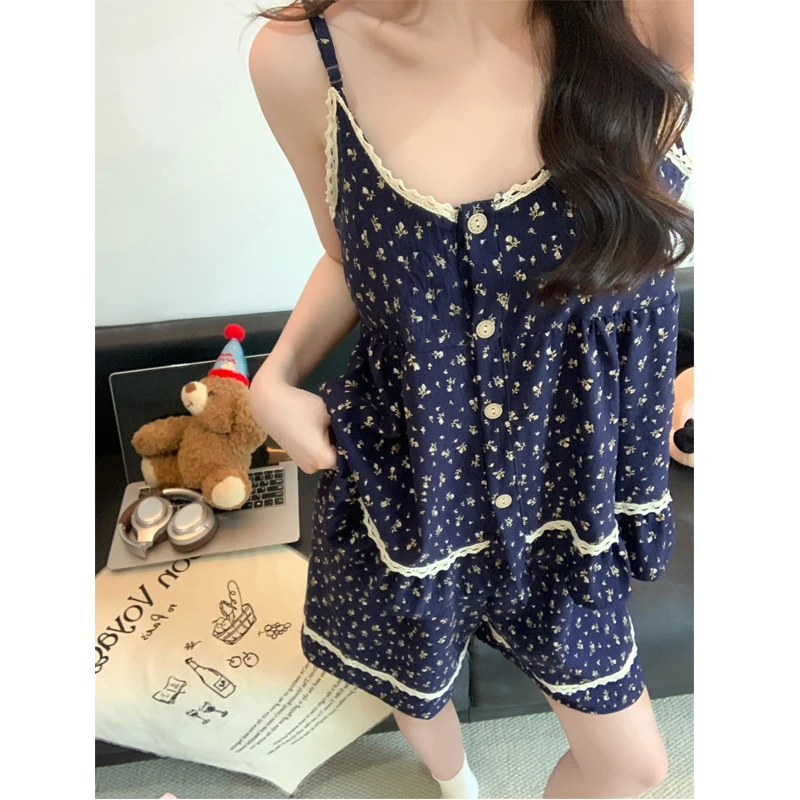 少女甜美小碎花吊带睡衣女夏季2025纯欲带胸垫背心短裤家居服套装