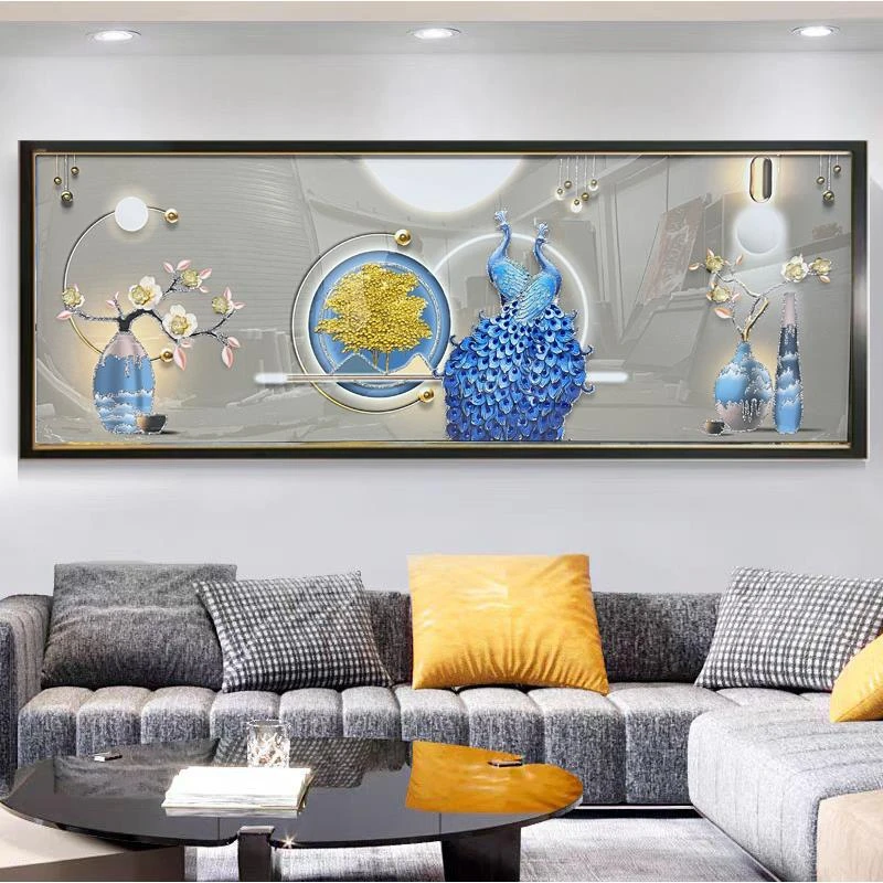 Q93【孔雀呈祥】山水客厅轻奢沙发挂画钢化玻璃装裱鎏金画