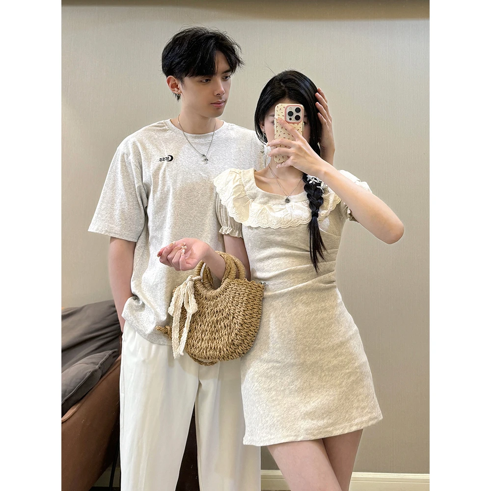 小众设计感情侣装夏季2025韩版短袖T恤女连衣裙法式一裙一衣ins潮