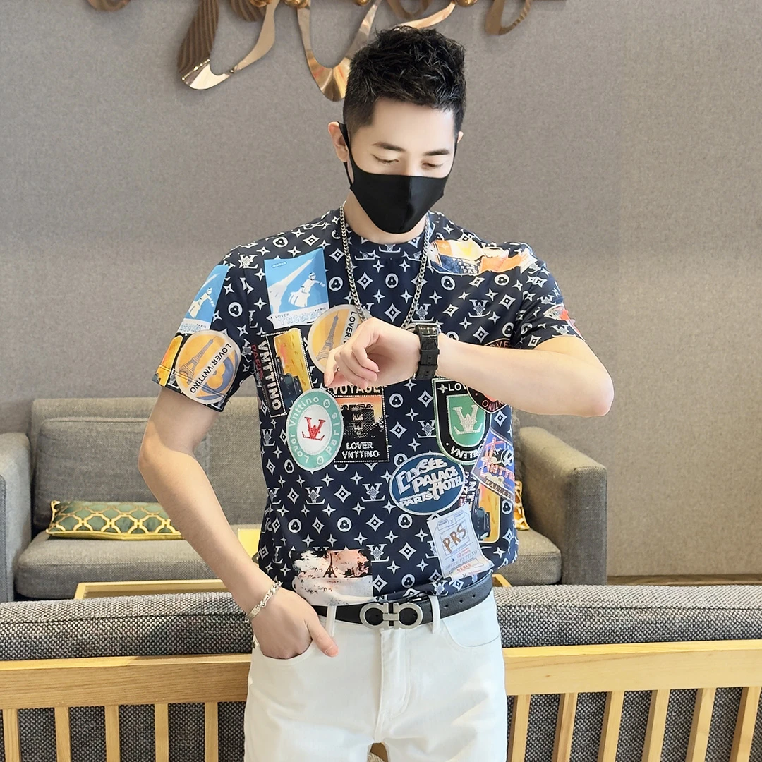 2025夏季新款轻奢男士个性潮流百搭休闲时尚字母圆领T恤图案印花