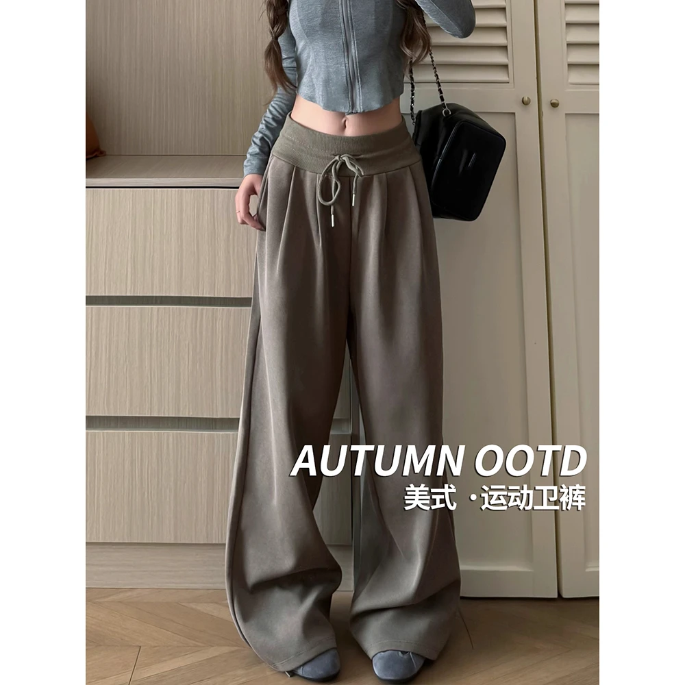美式慵懒风军绿色高腰运动裤女秋2025新款宽松显瘦直筒休闲阔腿裤